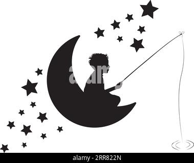 Ragazzo che pesca sulla luna, vettore. Silhouette di un pescatore sulla luna con le stelle. Decalcomanie murali isolate su sfondo bianco, design artistico, opere d'arte. Nero e W Illustrazione Vettoriale