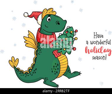 Cartolina natalizia con un simpatico drago con un albero di Natale. Illustrazione vettoriale. drago di 2024 anni secondo il calendario orientale. Natale e novità Illustrazione Vettoriale