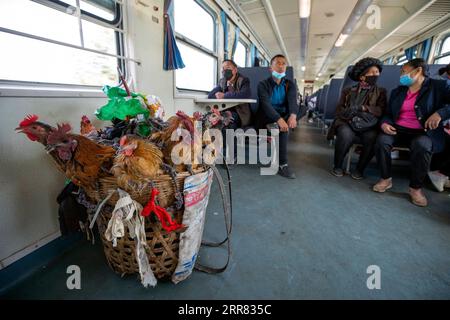 210415 -- XICHANG, 15 aprile 2021 -- i polli in vendita sono visti sul treno 5633 nella provincia del Sichuan della Cina sud-occidentale, 11 aprile 2021. Mentre i moderni treni ad alta velocità passano accanto a nuove stazioni in tutta la Cina, un paio di treni a bassa velocità continuano a circolare attraverso i Monti Daliang. I 5633/5634 treni corrono tra Puxiong e Panzhihua della provincia del Sichuan con una velocità media inferiore a 40 km/h. Il viaggio con 26 stazioni in un intervallo di undici ore e quattro minuti, con i prezzi dei biglietti che vanno da 2 yuan a 25,5 yuancirca 0,3-3,9 dollari USA. I treni a bassa velocità inviano i bambini ai loro Foto Stock