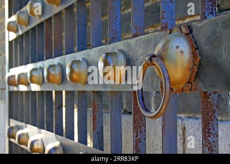 Battente porta di metallo e coda di bambola, primo piano della foto Foto Stock