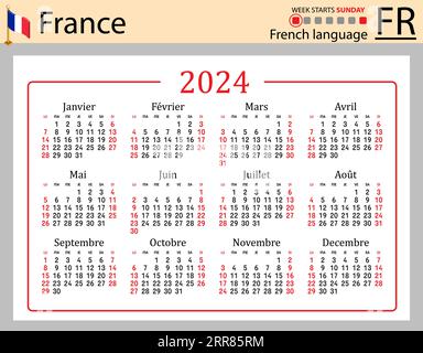 Calendario tascabile orizzontale francese per il 2024 (duemilaventiquattro). La settimana inizia domenica. Anno nuovo. Design semplice a colori. Vettore Illustrazione Vettoriale