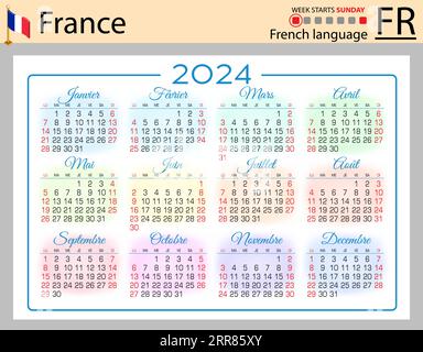 Calendario tascabile orizzontale francese per il 2024 (duemilaventiquattro). La settimana inizia domenica. Anno nuovo. Design semplice a colori. Vettore Illustrazione Vettoriale