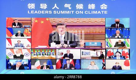 210422 -- PECHINO, 22 aprile 2021 -- su invito del presidente degli Stati Uniti Joe Biden, il presidente cinese Xi Jinping partecipa al Leaders Summit on Climate tramite link video e tiene un importante discorso intitolato for Man and Nature: Building a Community of Life Together a Pechino, capitale della Cina, 22 aprile 2021. CHINA-BEIJING-XI JINPING-CLIMATE-LEADERS SUMMIT CN LIXXIANG PUBLICATIONXNOTXINXCHN Foto Stock