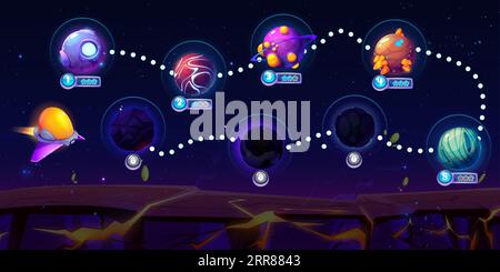Mappa di gioco arcade Space Adventure. Cartoni animati vettoriali che illustrano lo sfondo del cielo notturno con le stelle, il percorso tra pianeti alieni fantasy, le stelle segnate e le icone di blocco, il design dell'interfaccia utente dell'app Illustrazione Vettoriale
