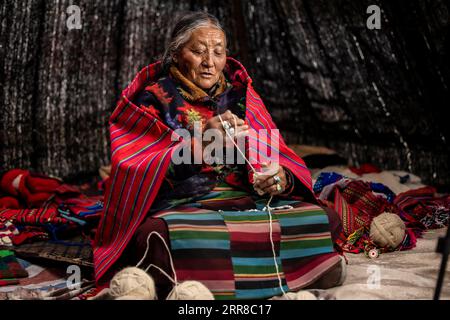 210430 -- LHASA, 30 aprile 2021 -- Tseten Lhamo si intreccia in casa a Dongmar, nella contea di Rutog della prefettura di Ngari, nella regione autonoma del Tibet del sud-ovest della Cina, 27 aprile 2021. Tseten Lhamo, nato nel 1945, lavorò come servitore prima della riforma democratica in Tibet nel 1959, che abolì la sua servitù feudale sotto la teocrazia. La vita dei nostri servi è amara delle erbe amare, Tseten Lhamo ha ricordato la sua vita ai vecchi tempi. Dopo la riforma democratica, si sono verificati cambiamenti positivi. Tseten Lhamo ora vive in una grande casa con yak e capre. Foto di /Xinhua InTibetCHINA-TIBET-EX SERF-NEW LIFE-TSETE Foto Stock