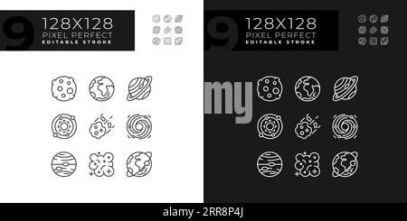 Corpi celesti icone lineari pixel Perfect impostate per la modalità luce e scura Illustrazione Vettoriale