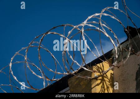 Filo avvolto per rasoio sopra il muro della prigione, Mount Crawford, Wellington, North Island, nuova Zelanda Foto Stock