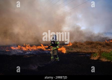 210518 -- GAZA/GERUSALEMME, 18 maggio 2021 -- un vigile del fuoco israeliano cerca di spegnere un incendio causato da razzi lanciati dalla Striscia di Gaza vicino alla città sud israeliana di Sderot, 16 maggio 2021. /JINI via Xinhua Xinhua titoli: Con l'intensificarsi del conflitto tra Palestina e Israele, sono necessari coraggio e coscienza per raggiungere la pace TomerxNeuberg PUBLICATIONxNOTxINxCHN Foto Stock