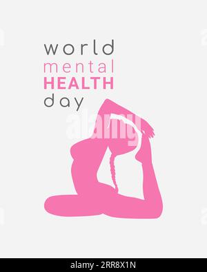 Poster della giornata mondiale della salute mentale. Silhouette da donna rosa in posa yoga. Illustrazione vettoriale Illustrazione Vettoriale