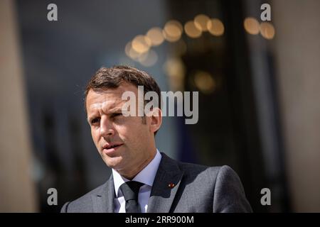 210521 -- PARIGI, 21 maggio 2021 -- il presidente francese Emmanuel Macron partecipa a una conferenza stampa con il Segretario generale dell'Organizzazione del Trattato del Nord Atlantico NATO Jens Stoltenberg non nella foto al Palazzo Elysee a Parigi, in Francia, 21 maggio 2021. Foto di /Xinhua FRANCE-PARIS-MACRON-STOLTENBERG-MEETING AurelienxMorissard PUBLICATIONxNOTxINxCHN Foto Stock