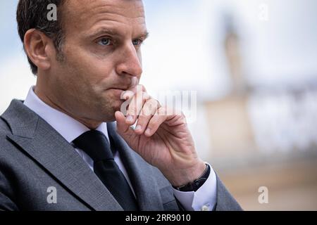 210521 -- PARIGI, 21 maggio 2021 -- il presidente francese Emmanuel Macron partecipa a una conferenza stampa con il Segretario generale dell'Organizzazione del Trattato del Nord Atlantico NATO Jens Stoltenberg non nella foto al Palazzo Elysee a Parigi, in Francia, 21 maggio 2021. Foto di /Xinhua FRANCE-PARIS-MACRON-STOLTENBERG-MEETING AurelienxMorissard PUBLICATIONxNOTxINxCHN Foto Stock