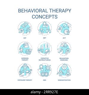 Icone blu che rappresentano i concetti di terapia comportamentale Illustrazione Vettoriale