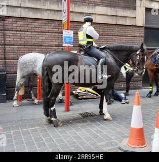 Gli agenti a cavallo della polizia metropolitana si occupano di un incidente nel centro di Londra. Londra, Regno Unito. Foto Stock