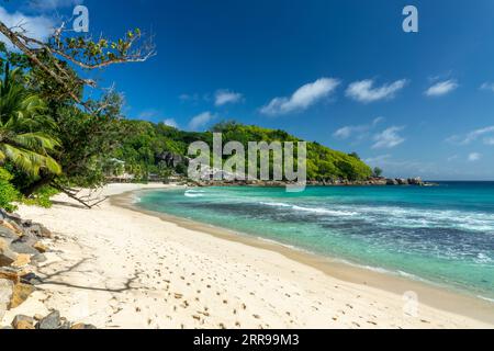 Anse Takamaka, pittoresco paesaggio di spiaggia tropicale sull'isola di Mahé, Seychelles Foto Stock