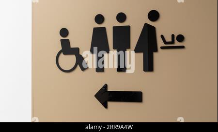 wc cartello wc sulla facciata della parete armadi ad acqua con uomo donna e bambino disabili Foto Stock