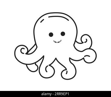 Polpi sorridenti con tentacoli ricci carattere vettoriale piatto monocromatico Illustrazione Vettoriale