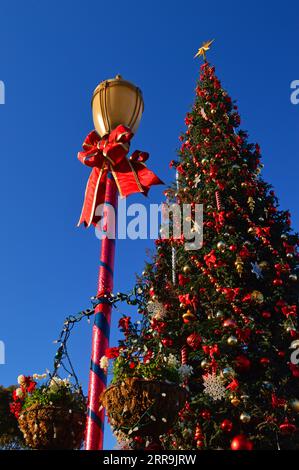 Un albero di Natale altamente decorato e un lampione adornano il Fisherman's Wharf a San Francisco Foto Stock