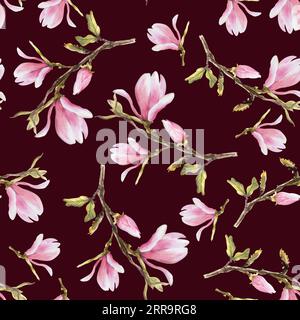 Motivo senza cuciture a grappolo rosa Magnolia. Acquerello illustrazione disegnata a mano isolata su sfondo scuro. Design floreale a ripetizione per la tua stampa Foto Stock