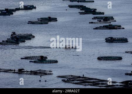 210708 -- BATANGAS, 8 luglio 2021 -- Una barca naviga vicino all'isola vulcanica di Taal nella provincia di Batangas, nelle Filippine, l'8 luglio 2021. FILIPPINE-BATANGAS-PESCA RouellexUmali PUBLICATIONxNOTxINxCHN Foto Stock