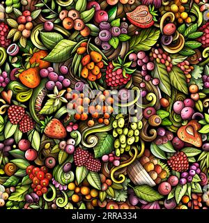 Gli scarabocchi vettoriali dei cartoni animati sul tema del motivo senza cuciture Berry Fruits presentano una varietà di oggetti e simboli di bacche. Bizzarro giocoso colorato b Illustrazione Vettoriale