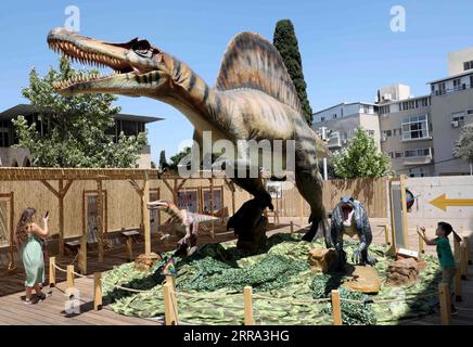 210714 -- HAIFA, 14 luglio 2021 -- la gente visita una mostra di dinosauri a Madatech, il Museo Nazionale di Scienza, tecnologia e spazio di Israele, nella città nord israeliana di Haifa, 13 luglio 2021. Foto di /Xinhua ISRAEL-HAIFA-DINOSAURO MOSTRA GilxCohenxMagen PUBLICATIONxNOTxINxCHN Foto Stock