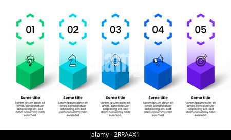 Modello infografico con icone e 5 opzioni o passaggi. Cubi. Può essere utilizzato per il layout del flusso di lavoro, il diagramma, il banner, il webdesign. Illustrazione vettoriale Illustrazione Vettoriale