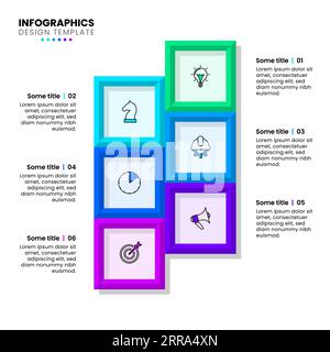 Modello infografico con icone e 6 opzioni o passaggi. Cornici. Può essere utilizzato per il layout del flusso di lavoro, il diagramma, il banner, il webdesign. Illustrazione vettoriale Illustrazione Vettoriale
