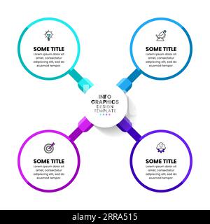 Modello infografico con icone e 4 opzioni o passaggi. Lenti di ingrandimento. Può essere utilizzato per layout del flusso di lavoro, diagrammi, banner, webdesign. Illustrazione vettoriale Illustrazione Vettoriale