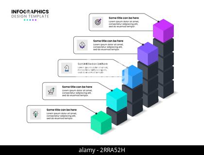 Modello infografico con icone e 5 opzioni o passaggi. Grafico isometrico. Può essere utilizzato per layout del flusso di lavoro, diagrammi, banner, webdesign. Illustrazione vettoriale Illustrazione Vettoriale