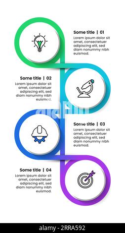 Modello infografico con icone e 4 opzioni o passaggi. Cerchi collegati. Può essere utilizzato per layout del flusso di lavoro, diagrammi, banner, webdesign. Illustrati vettoriali Illustrazione Vettoriale