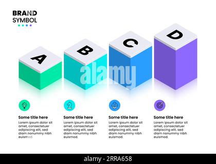 Modello infografico con icone e 4 opzioni o passaggi. Colonne isometriche. Può essere utilizzato per il layout del flusso di lavoro, il diagramma, il banner, il webdesign. Illustrazione del vettore Illustrazione Vettoriale