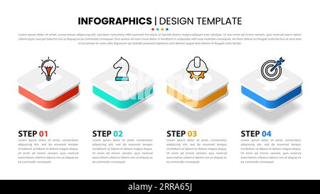 Modello infografico con icone e 4 opzioni o passaggi. Quadrati levitanti. Può essere utilizzato per layout del flusso di lavoro, diagrammi, banner, webdesign. Illust vettoriale Illustrazione Vettoriale
