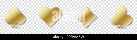 Set di simboli d'oro da gioco, simbolo di tute da gioco e chip o token per siti Web o app mobili su poker e casinò. Cuori, club, Illustrazione Vettoriale