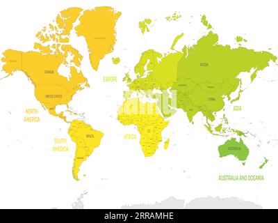 Mappa dei continenti del mondo - Nord America, Sud America, Africa, Europa, Asia e Australia. Proiezione Mercatore. Ogni continente di colore diverso. Illustrazione Vettoriale