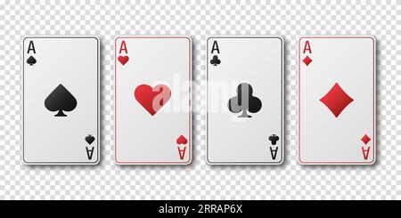 Cuori, picche, diamanti, tessere. Set di costumi da gioco Aces. Poker o casinò, concetto di gioco d'azzardo. Una mano da poker vincente. Modello per il casinò Illustrazione Vettoriale