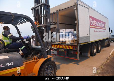 210814 -- GABORONE, 14 agosto 2021 -- Un lavoratore carica pacchetti di dosi di vaccino Johnson e Johnson all'aeroporto internazionale Sir Seretse Khama di Gaborone, Botswana, 12 agosto 2021. Il governo del Botswana ha ricevuto 108.000 dosi di vaccino di Johnson e Johnson attraverso l'African Vaccine Acquisition Trust AVAT. Foto di /Xinhua BOTSWANA-GABORONE-JOHNSON AND JOHNSON VACCINANDO PRIMA DOSI TshekisoxTebalo PUBLICATIONxNOTxINxCHN Foto Stock