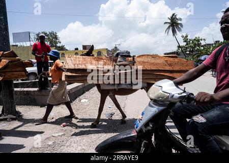 210822 -- LES CAYES, 22 agosto 2021 -- foto scattata il 21 agosto 2021 mostra persone che trasportano legno a Les Cayes, Haiti. HAITI-LES CAYES-TERREMOTO-DOPO DavidxdexlaxPaz PUBLICATIONxNOTxINxCHN Foto Stock