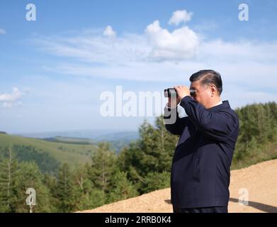 210824 -- CHENGDE, 24 agosto 2021 -- il presidente cinese Xi Jinping, anche segretario generale del Comitato centrale del Partito Comunista Cinese e presidente della Commissione militare centrale, effettua un tour di ispezione della fattoria forestale di Saihanba nella provincia di Hebei nella Cina settentrionale, 23 agosto 2021. CHINA-HEBEI-SAIHANBA-XI JINPING-INSPECTION CN LIXXUEREN PUBLICATIONXNOTXINXCHN Foto Stock