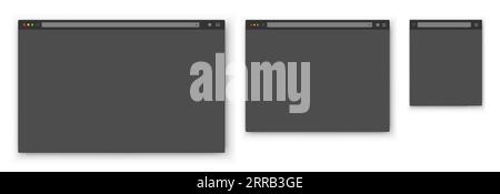 Una serie di finestre del browser realistiche vuote di forme diverse con una barra degli strumenti, una barra di ricerca e un'ombra su uno sfondo bianco. Illustrazione Vettoriale