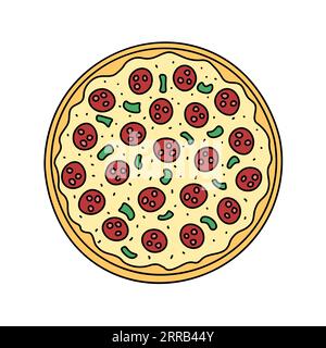Elemento doodle vettoriale rotondo per pizza isolato. Illustrazione del piatto fast food con salame e verdure. Graziosi e colorati doodles disegnati a mano Illustrazione Vettoriale