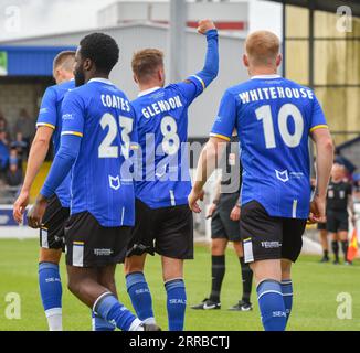 Chester, Cheshire, Inghilterra, 28 agosto 2023. Chester celebra il gol di George Glendon durante il Chester Football Club V Farsley Celtic Football Club nella Vanarama National League North al Deva Stadium. (Immagine di credito: ©Cody Froggatt/Alamy Live News) Foto Stock