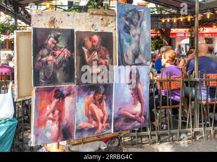 Dipinti di artisti a Place du Tertre, Montmartre, Parigi, Île-de-France, Francia Foto Stock