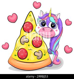 Carino unicorno cartoni animati con un pezzo grosso di pizza. Illustrazione vettoriale di un animale su sfondo bianco con cuori rossi. Illustrazione Vettoriale