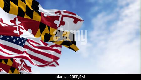 Bandiere del Maryland e degli Stati Uniti che sventolano al vento in una giornata limpida. Immagine patriottica e simbolica. rendering dell'illustrazione 3d. Messa a fuoco selettiva Foto Stock