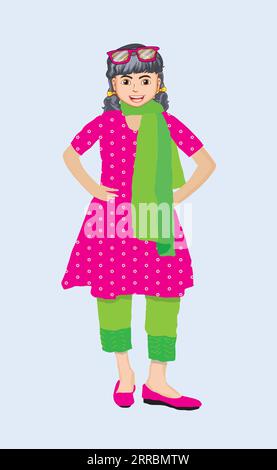 Bambina che indossa il costume tradizionale pakistano, shalwar kameez e dupatta Illustrazione Vettoriale