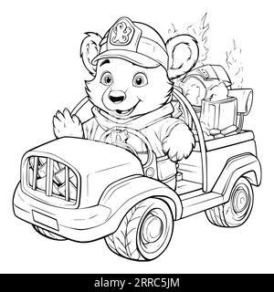 Pagina da colorare Bear Driving Firetruck per bambini Illustrazione Vettoriale