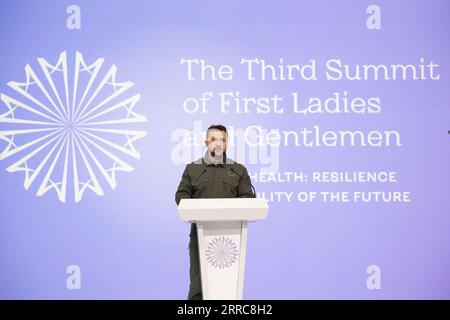 Kiev, Ucraina. 6 settembre 2023. Il presidente ucraino Volodymyr Zelenskyy esprime le proprie osservazioni al terzo vertice di Kiev del primo signore e signori, il 6 settembre 2023 a Kiev, Ucraina. Credito: Ucraina Presidenza/Ufficio stampa presidenziale ucraino/Alamy Live News Foto Stock