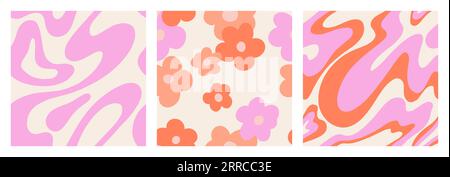 1970 confezione con motivo a margherita senza cuciture con onde e schizzi ingenui. Retrowave con stile anni '90 per bambini. Stampa minimalista di forme sinuose di rosa psichedelico dai toni naturali Illustrazione Vettoriale