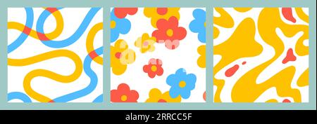 1970 confezione con motivo a margherita senza cuciture con onde e schizzi ingenui. Retrowave con stile anni '90 per bambini. Sfondi vivaci e colorati Doodle Bright. Stampa minimalista dei vivai in rosso, blu e giallo Illustrazione Vettoriale