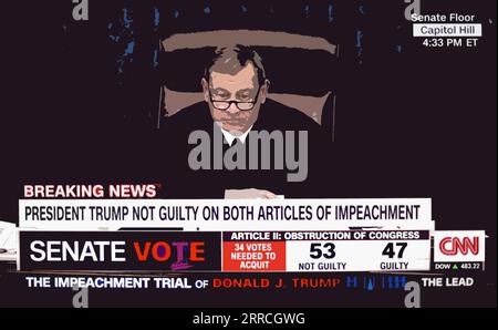Uno screenshot televisivo (colorato digitalmente) della copertura in diretta della CNN che riporta l'assoluzione di Donald Trump per impeachment da parte del Senato degli Stati Uniti il 5 febbraio 2020. Foto Stock